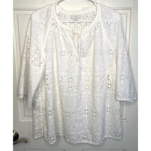 J. Jill Women's White Embroidered Eyelet Peasant Top Sz XL 100% Cotton Boho